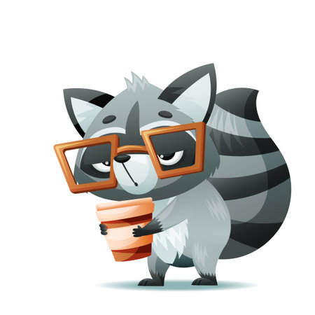 An adorable Cartoon Raccoon sporting stylish Glasses while holding a warm Coffee Cupのイラスト素材