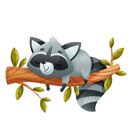 A Cute Cartoon Raccoon Enjoying a Peaceful Sleep on a Cozy Branch in a Lovely Forestのイラスト素材