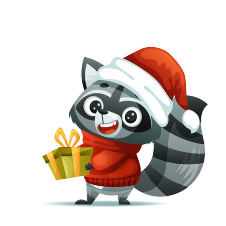 A cheerful and festive raccoon character wearing a Christmas sweater, holding a giftのイラスト素材