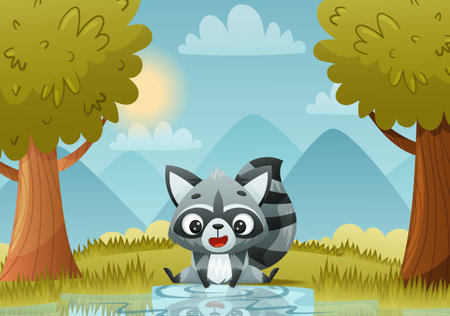 Playful raccoon enjoys its time by a sparkling water body in a cartoonish forestのイラスト素材