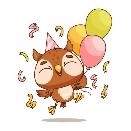 A cheerful cartoon owl happily surrounded by colorful balloons, ready to celebrateのイラスト素材