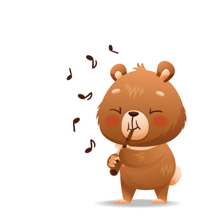 Baby bear stands and plays the pipe. Notes fly aroundのイラスト素材