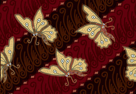 Indonesian batik motifs with very distinctive patterns of plants and butterfliesのイラスト素材