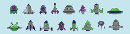 a set of starship modern cartoon icon design template in various models. vector illustration isolated on blue backgroundのイラスト素材