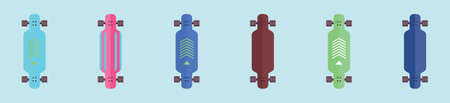 set of skateboard and long board cartoon icon design template with various models. vector illustration on blue backgroundのイラスト素材