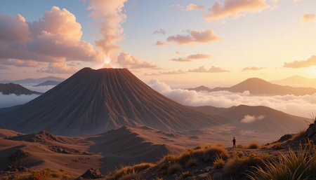 A magical 3D Pixar-style scene of Mount Bromo, with a softly smoking crater and smooth, stylized hills. The early morning sky glows with warm colors, and the entire landscape feelsの素材