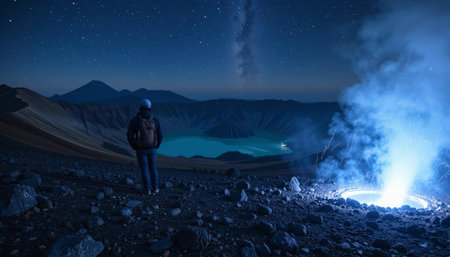 An adventurous night-time scene of Kawah Ijen, with a hiker standing near the glowing blue fire. The flames light up the dark volcanic terrain in a surreal, otherworldly glow. In tの素材