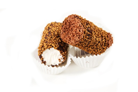 pastries with chocolate  cream and pastries with fruits on a white background