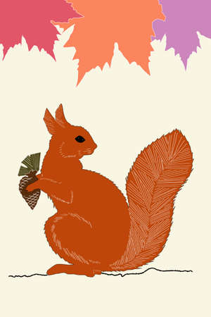 illustration of squirrel with acorn in autumnの写真素材