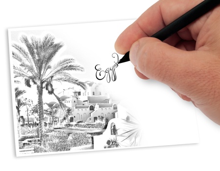 artist drawing egyptian landscape の写真素材