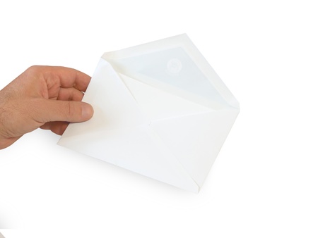 hand and envelope on white backgroundの写真素材