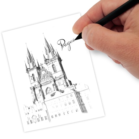 artist drawing landscape ofpragueの写真素材