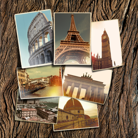 old photo collection on ancient wooden tableの写真素材