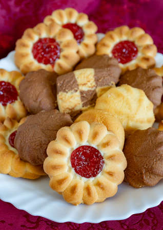Sweet dried cookies with jam ideal for tea out of focusの写真素材