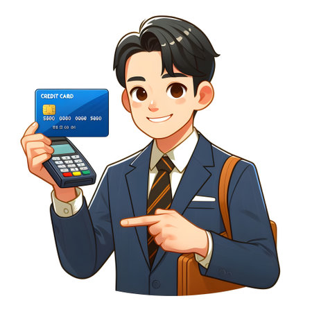 cartoon illustration of a boy in a suit holding a credit card in front of a cartoon cash register.の素材