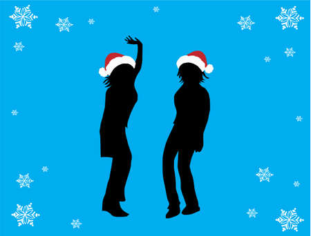 Illustration of dancing women in santa claus hatsのイラスト素材