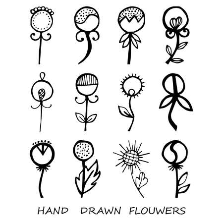 Hand-drawn leaves doodles set. Black silhouettes on white background.Isolated.のイラスト素材