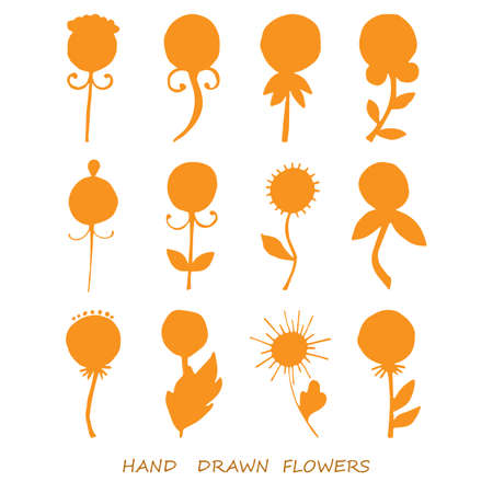 Set of flowers silhouette of forest and garden wildflowers, orange on white backgroundのイラスト素材
