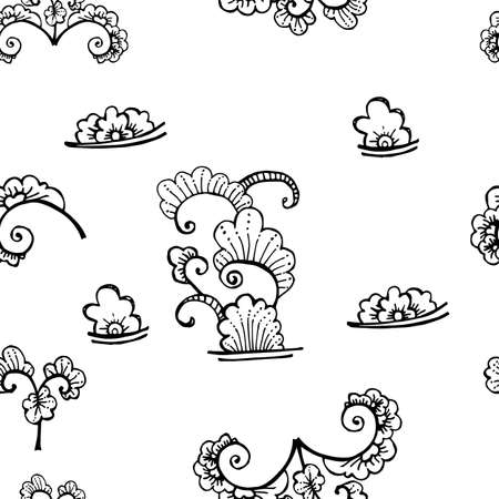 Vector seamless contour floral pattern. Hand drawn monochrome texture, decorative leaves.のイラスト素材