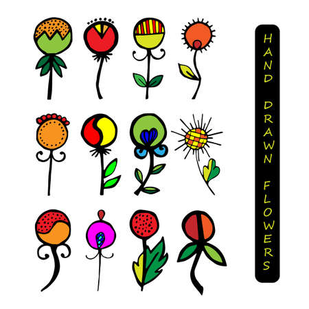 Set of vector hand drawn decorative stylized baby flowers. Doodle style, graphic illustration. Decorative cute hand drawing in red, orange and green tones.のイラスト素材