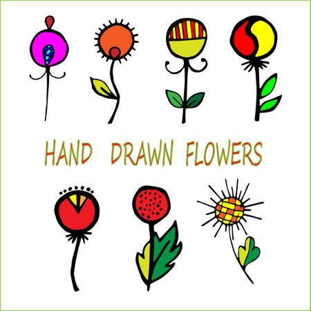 Set of vector hand drawn decorative stylized baby flowers. Doodle style, graphic illustration. Decorative cute hand drawing in red, orange and green tones.のイラスト素材