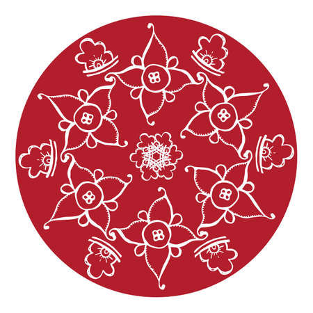 Vector frame. Beautiful floral round pattern in chinese style. Imitation of chinese porcelain painting. Red watercolor background. Hand drawing.のイラスト素材