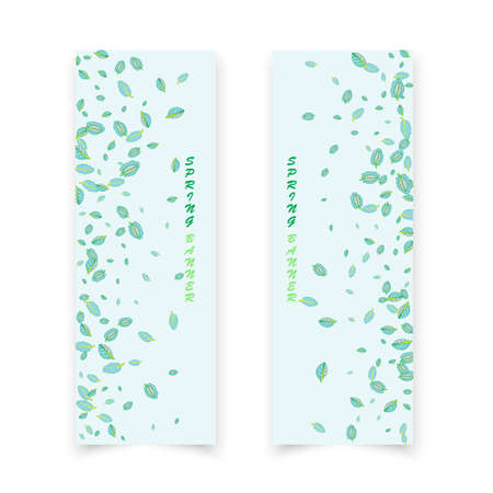 Two foliage banners with flying leaves. Melody of spring, green leaves frame on a white background.のイラスト素材