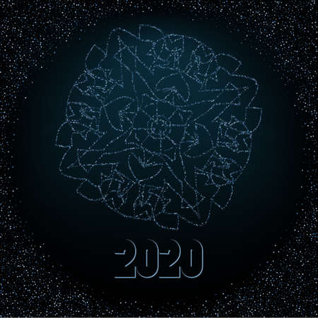 Winter fractal. Abstract blue snowflake or spider web on a black background. Decorative pattern from lines.のイラスト素材