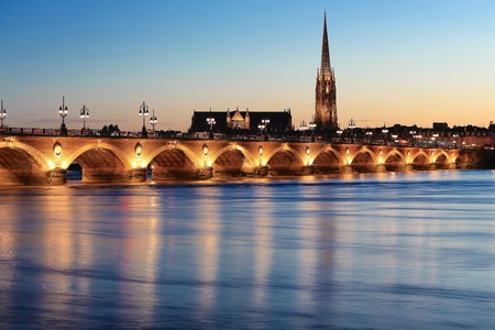 View of Pont de Pierre bridge and  Saint Michael, Bordeaux, Franceの素材