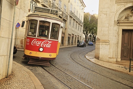 Lisbon-Portugal, December 25, 2015 : An old tradition tram carriage in the city center of Lisbon,...