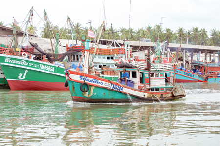 Nakron Si Thummarat , THAILAND - JULY 17, 2016 Colorful fishing boats at pier in Thailandのeditorial素材