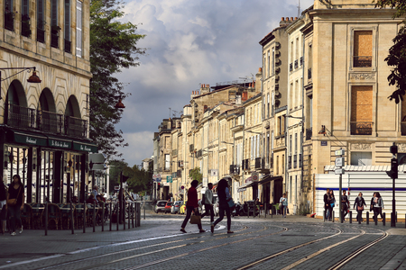 BORDEAUX, FRANCE - SEPTEMBER 19, 2016 : City street scene with tramway in Bordeaux, Franceのeditorial素材