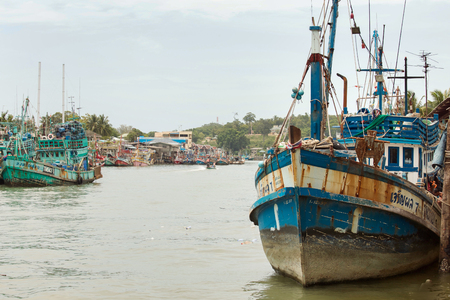 Nakron Si Thummarat , THAILAND - JULY 17, 2016 Colorful fishing boats at pier in Thailandのeditorial素材