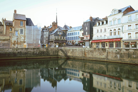 Honfleur, France - December 30, 2016 : View of buildings with it's reflection at Honfleur port is a truly picturesque and one of charming harbour in Franceのeditorial素材