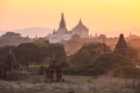 Ancient Temples in Bagan with blue sky, Myanmarの写真素材
