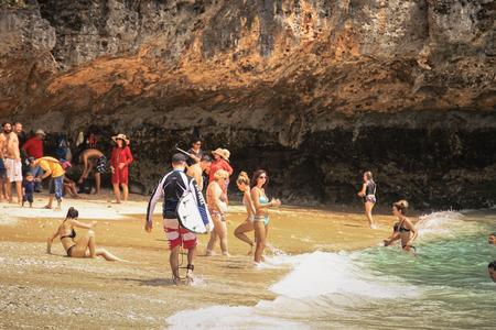 Bali - Indonesia -August  5, 2017 : People enjoy their vacation on Padag Padang beach during high season, Padang Padang  beach is one of the most popular beach in Bali.のeditorial素材