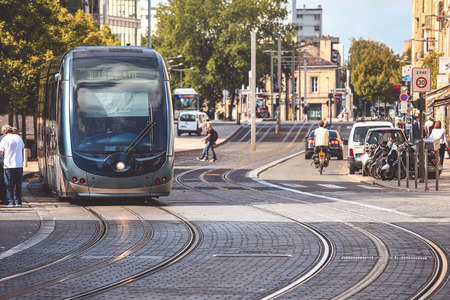 BORDEAUX, FRANCE - SEPTEMBER 1, 2017 : City street scene with tramway in Bordeaux, Franceのeditorial素材