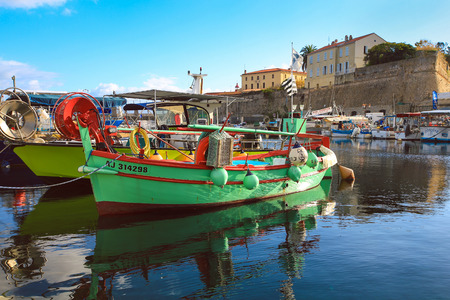 Ajaccio France - November 8, 2017 : Small wooden fishing boats moored in old port of Ajaccio South Corsica Franceのeditorial素材