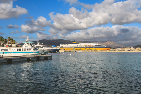 Ajaccio France - November 8, 2017 : The Mega Express ferry big yellow passenger ship operated by Corsica Ferries Sardinia Ferries shipping company moored in Ajaccio portのeditorial素材