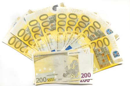 200 euro notes on white backgroundの写真素材