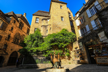 Sarlat La Ð¡anade- France, 21 October , 2018 : Three famous bronze geese on Place du...