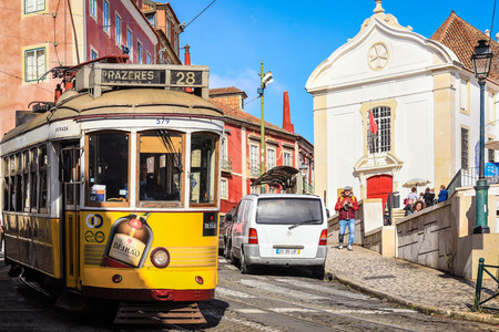 Lisbon - Portugal, November 5, 2018: An old traditional tram carriage in the city centre of Lisbon, Portugal. The city kept old traditional tram in service within the historical part of the capitalのeditorial素材