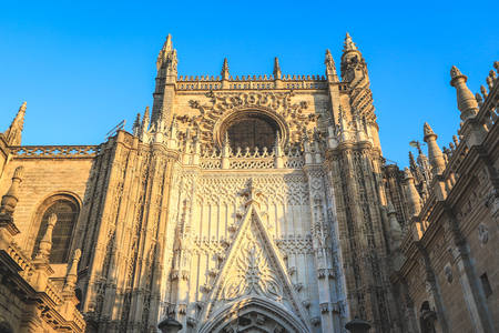 View of  Seville Cathedral with blue sky, famous tourists attraction in Seville, Spainの写真素材