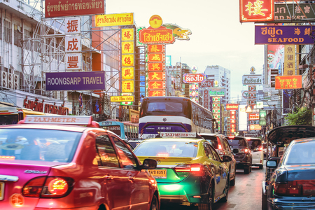 BANGKOK-THAILAND - August, 18, 2017 : Neon light signs and cars on Yaowarat road (China town) at...