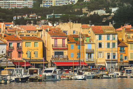 Marseille, France - April 7, 2019 : View Of colorful Buildings and boats in the small village at Port-Cassis,Franceのeditorial素材