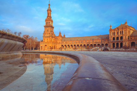 Plaza de Espana or Spain square with Vicente Traver fountain, Seville, Spainの写真素材