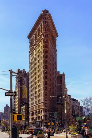 New York, USA - April 15, 2016 : Historic Flatiron Building in NYC. This iconic triangular building located in Manhattan's Fifth Ave was completed in 1902のeditorial素材