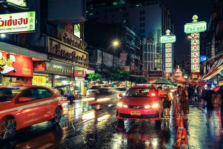 BANGKOK - THAILAND - JULY 7, 2019 : Busy Yaowarat Road in the evening in vintage styleのeditorial素材