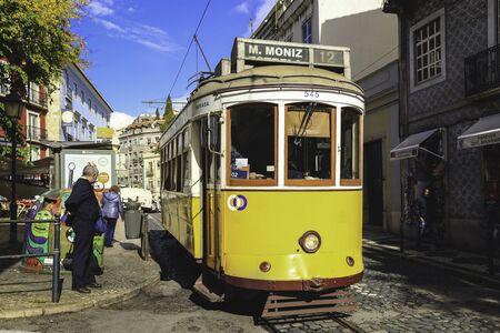 Lisbon - Portugal, November 5, 2018: An old traditional tram carriage in the city centre of Lisbon, Portugal. The city kept old traditional tram in service within the historical part of the capitalのeditorial素材