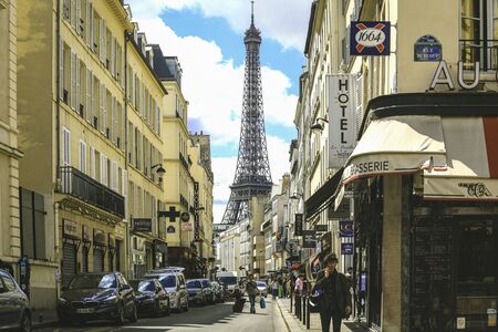 Paris, France - April 7, 2019: View of Eiffel Tower street in Paris. Architecture and landmark of Paris.のeditorial素材